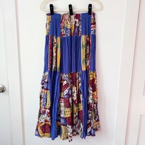 VTG Howard Wolf Patchwork‎ Boho Tiered Maxi Skirt 90s Festival Hippie Eclectic